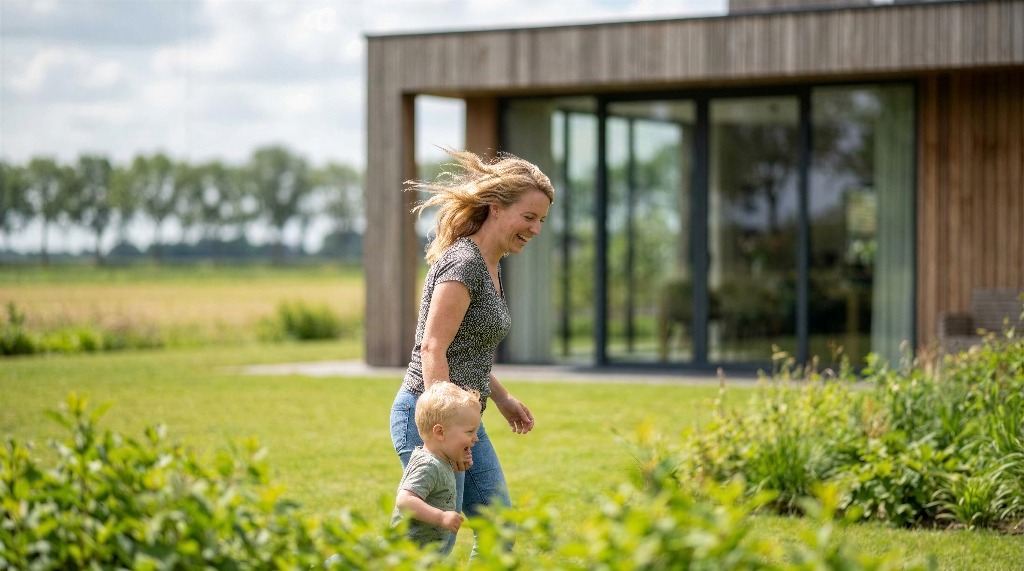 Woman and child enjoying a sunny day outside a modern house.