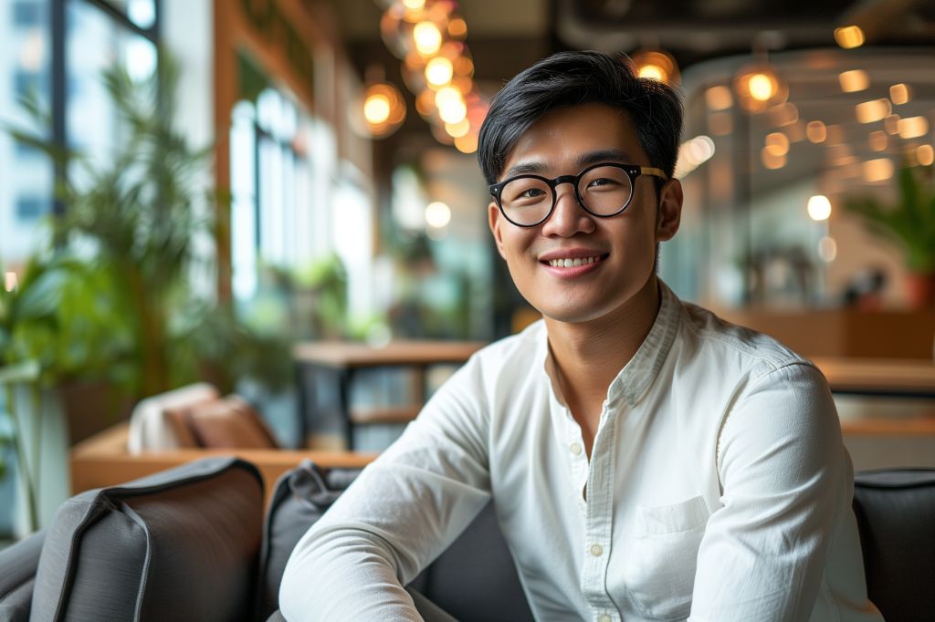 Smiling young man with glasses sitting in a cozy cafe