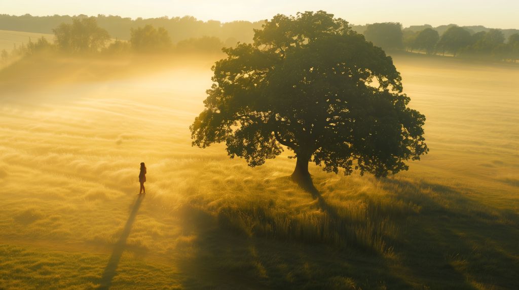 A lone figure walks towards a tree in a misty, sunlit field