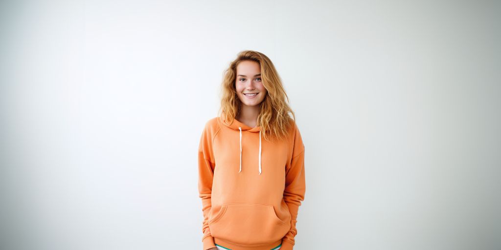 smiling 24-year-old girl in hoodie - clean studio shot