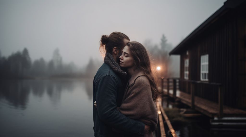 Couple embracing on dock