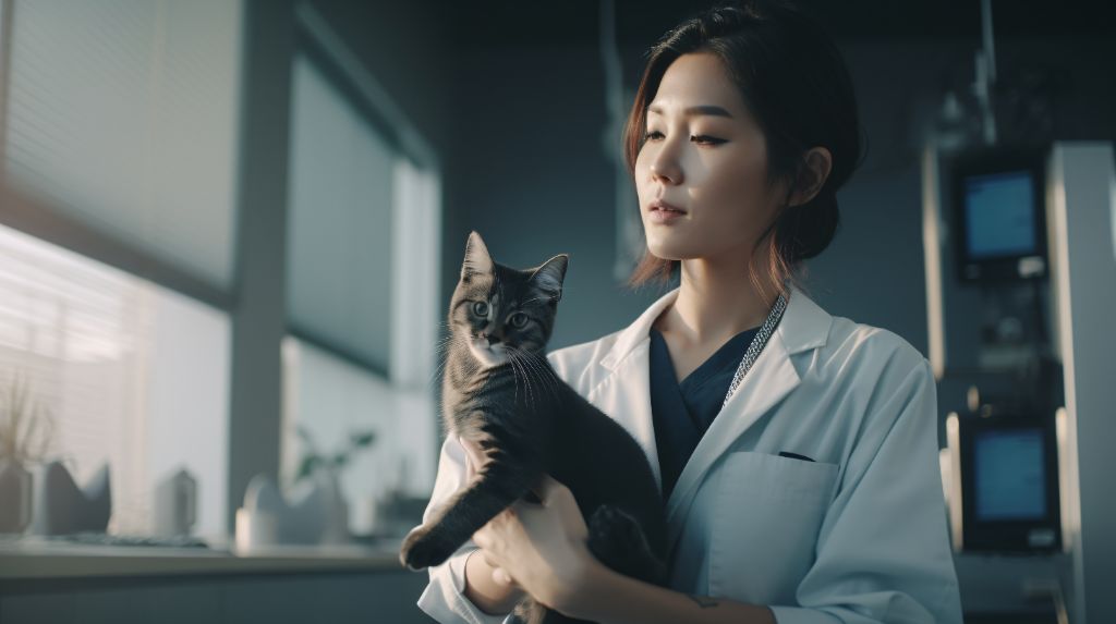 Confident asian vet caring for cute kitten at animal hospital
