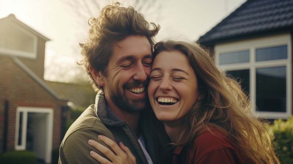 Joyful couple embracing each other in front house during sunset
