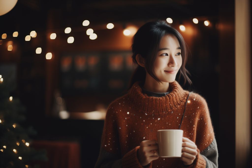 Cozy in christmas sweater enjoying a warm drink