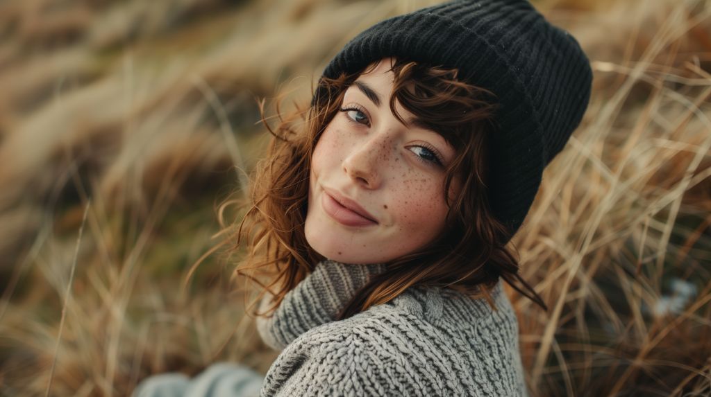 Woman in beanie smiling in a field of tall grass