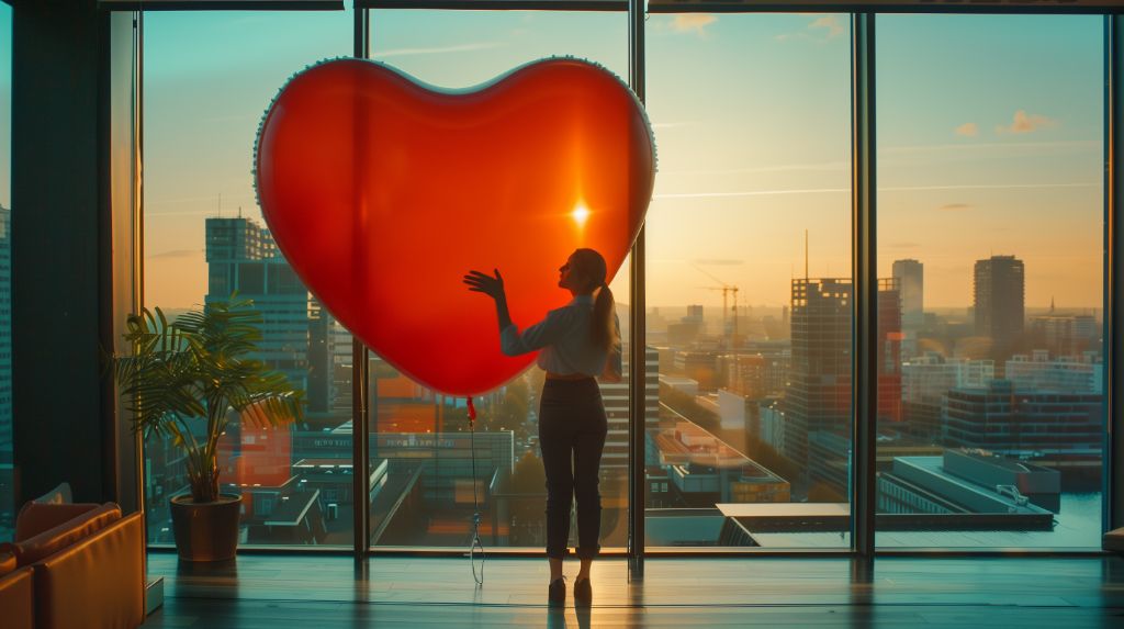 Silhouette of a person holding a heart-shaped balloon at sunset