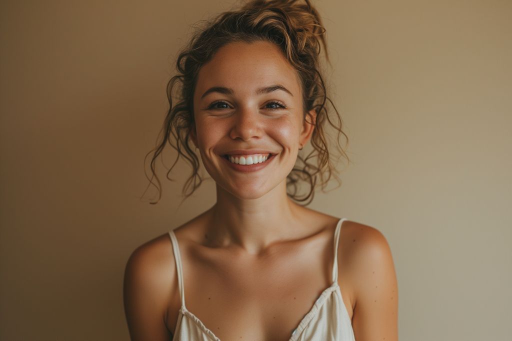Smiling young woman with curly hair against a neutral background