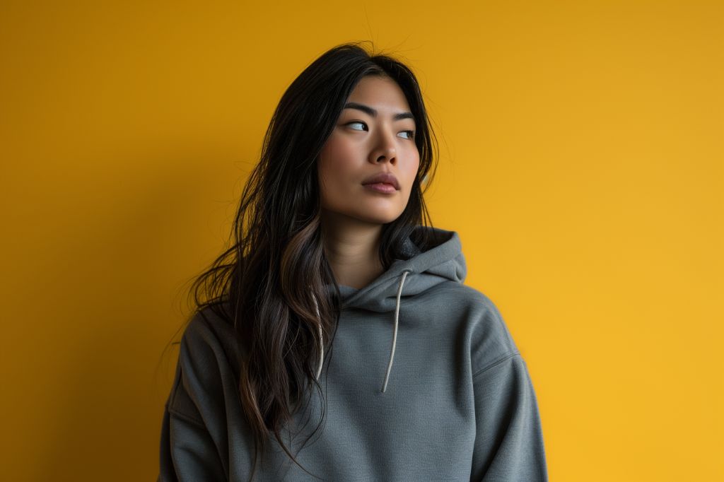 Woman in gray hoodie against yellow background looking away thoughtfully