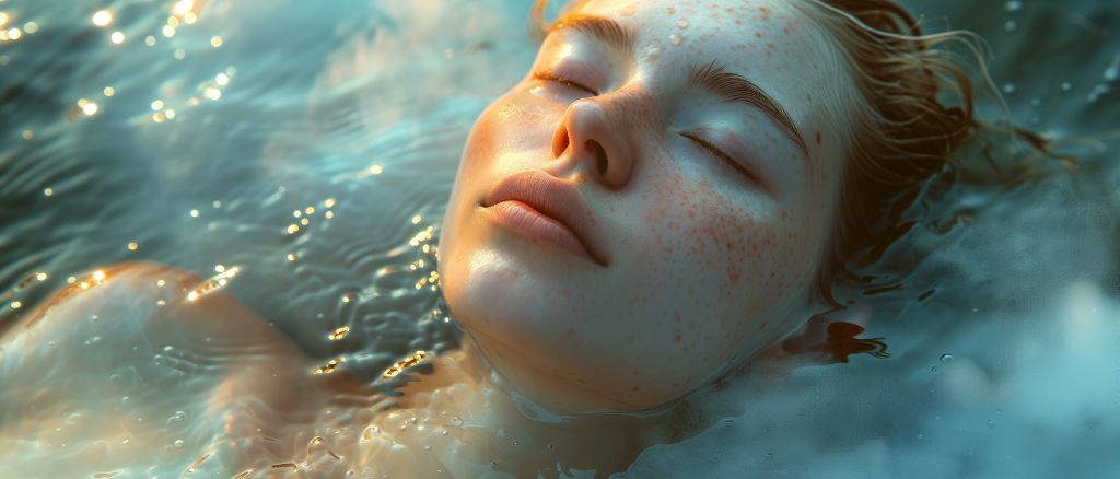 Serene woman floating in water with eyes closed during golden hour