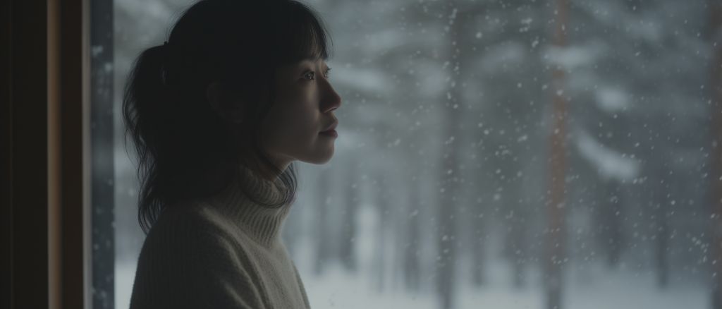 Asian woman standing next to large window overlooking snowy forest