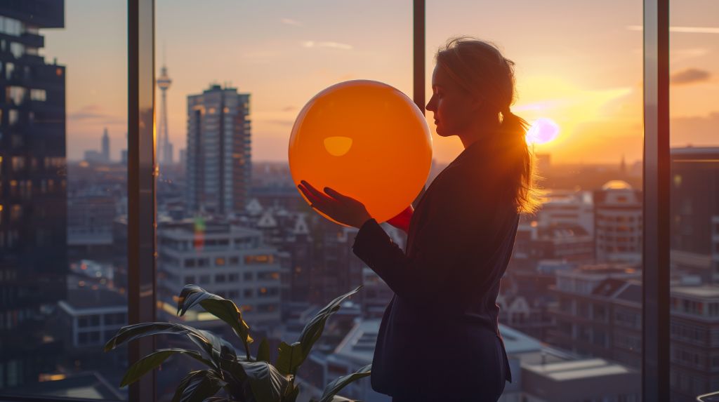 Silhouette of a woman holding a balloon against city sunset