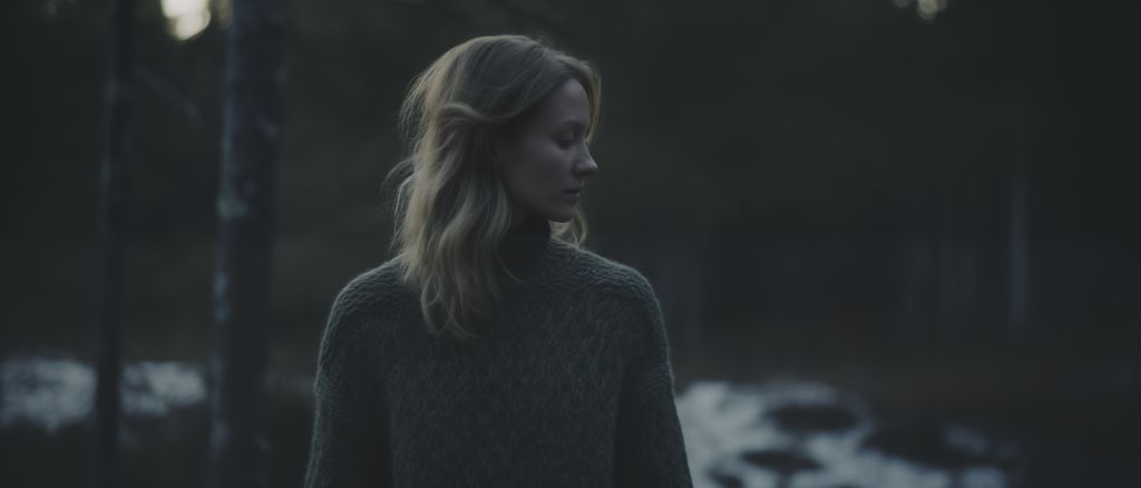 Woman wearing a sweater standing in a forest during sunset