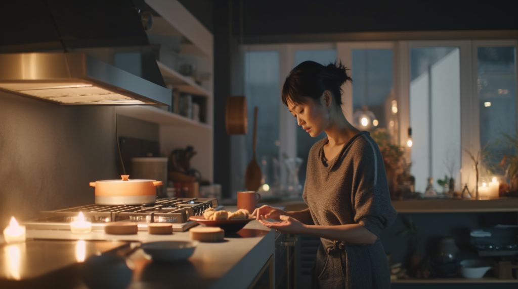 Asian woman cooking in a modern kitchen