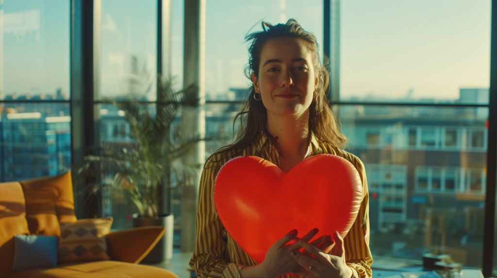 Woman holding a red heart-shaped object, smiling in a sunny room