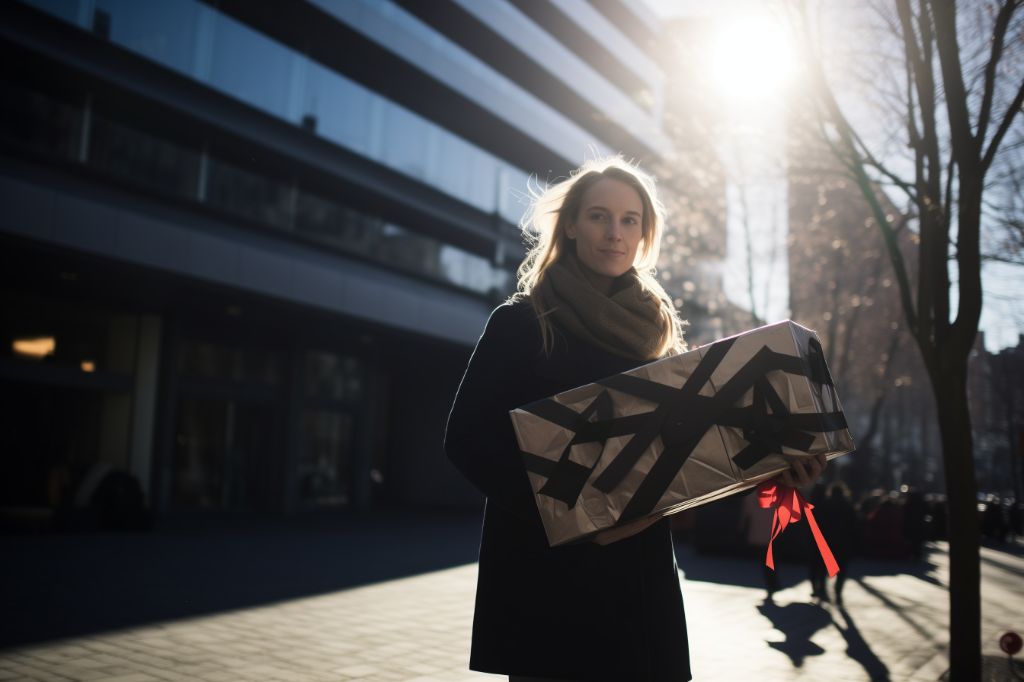 Woman holding a large gift on the street