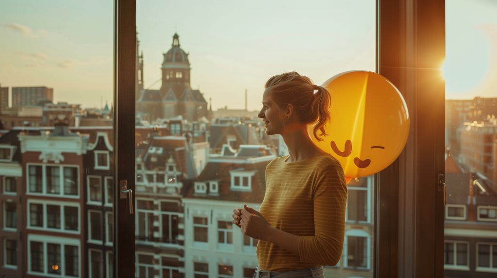 Woman with a smiley balloon looking out of a window at cityscape during sunset