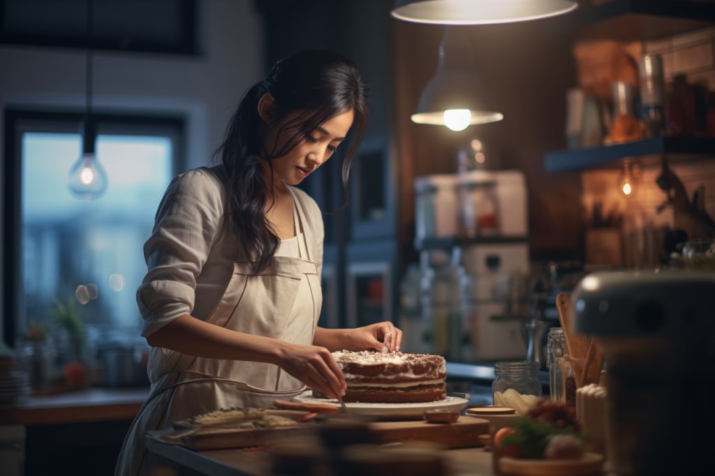 Asian woman passionately baking a cake