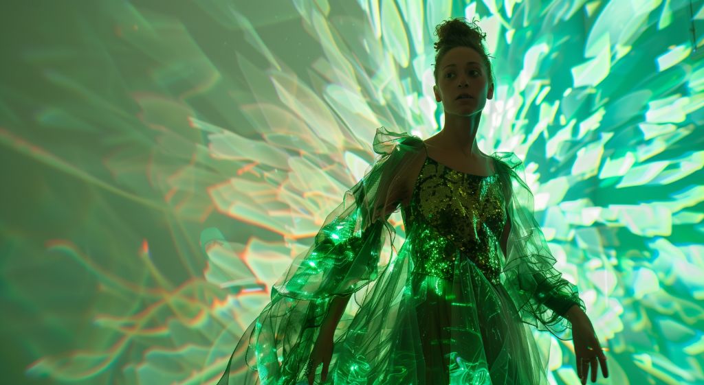 Woman in a green dress with dynamic light patterns