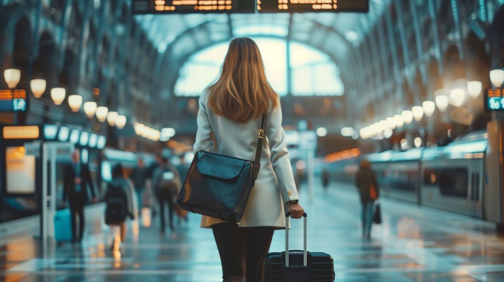 Woman with luggage walking in train station