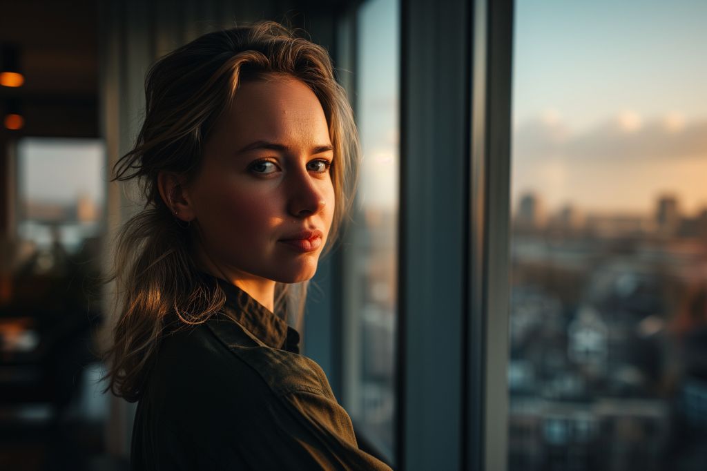 Woman by the window during golden hour with a thoughtful expression