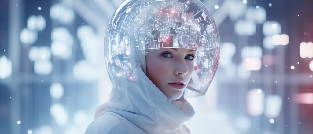 avant-garde, fashion, model, illuminated, high-tech, winter ensemble, holographic, ornaments, modern, futuristic, twist, eye-level shot, centered, encircling, light play, reflections, icy blues, whites, silver, night, mystical, awe-inspiring, one person
