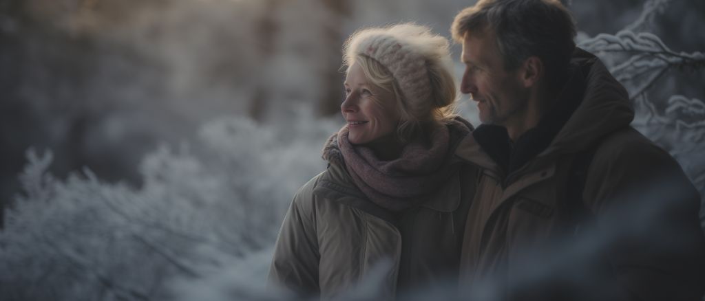 Couple embracing in snowy mountain wonderland