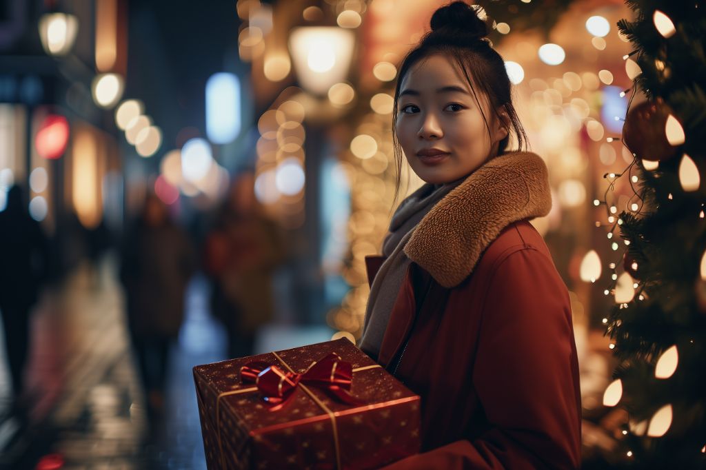Asian woman stands tall on a vibrant city street during Christmas, holding a large gift box. The wide shot captures the lively scene of the street, creating a cinematic composition. Shot with 16k resolution and depth of field, the image showcases professional color grading and warm lighting that enhances the moody evening atmosphere. The location is a street with interior design elements.