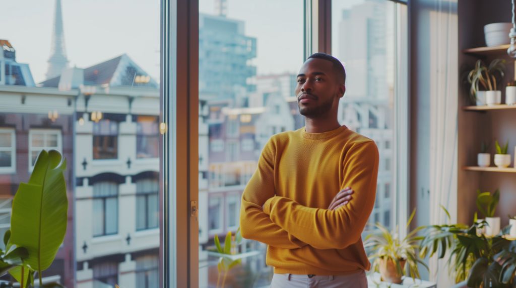 Man in yellow sweater standing by window with city view