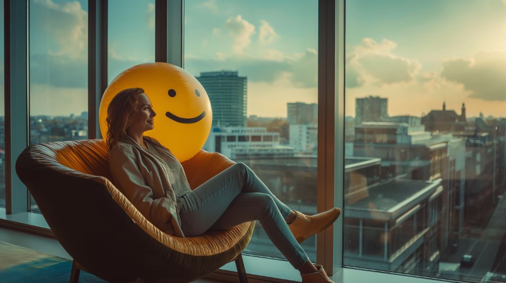 Woman relaxing in chair with a large smiley face balloon by a window