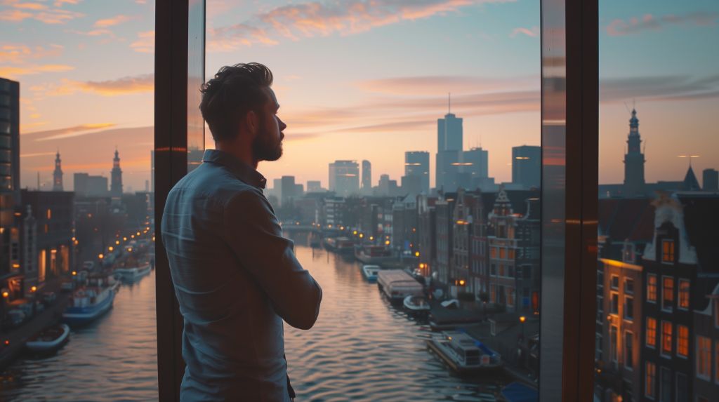 Man gazing out window at cityscape during sunrise