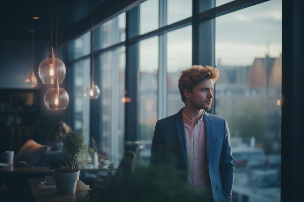 Man in contemporary office, inspiring city view