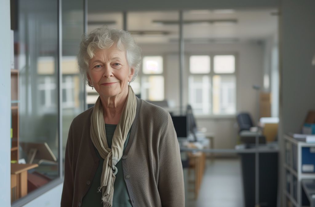 Elderly woman smiling in an office environment