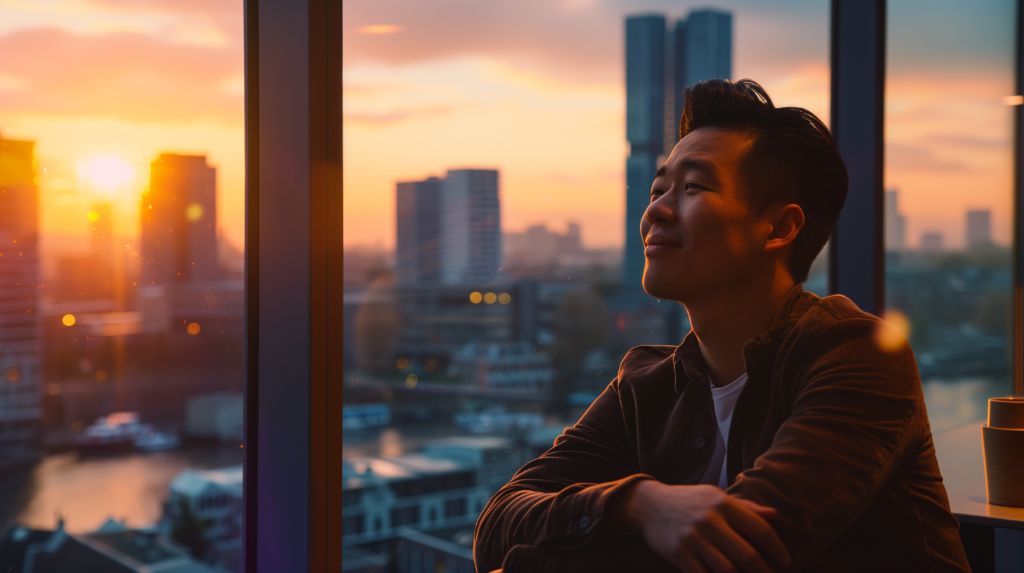 Man gazing out window at sunset in urban setting