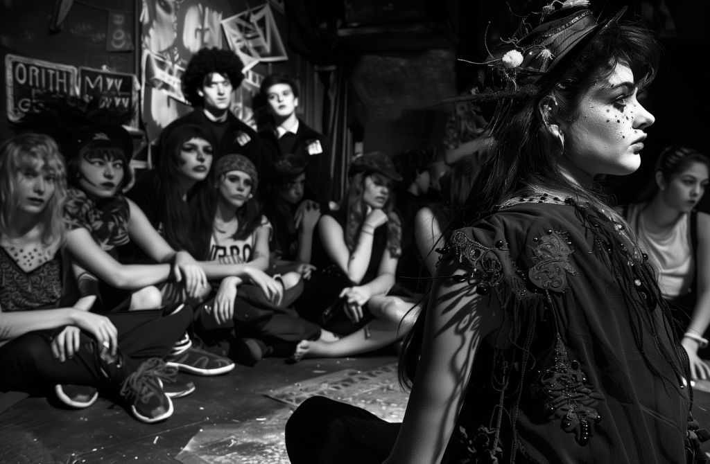 Black and white photo of a group of young people in a grungy setting