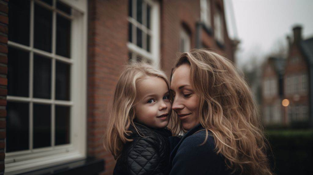 Dutch mother and child in side view pose