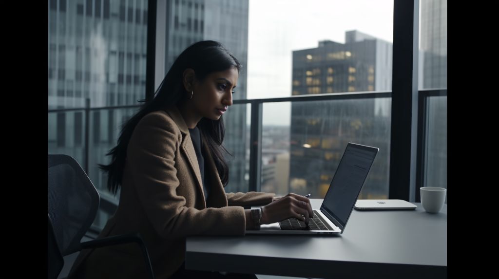 Woman is working on a laptop next to a large window overlooking office buildings in the background.