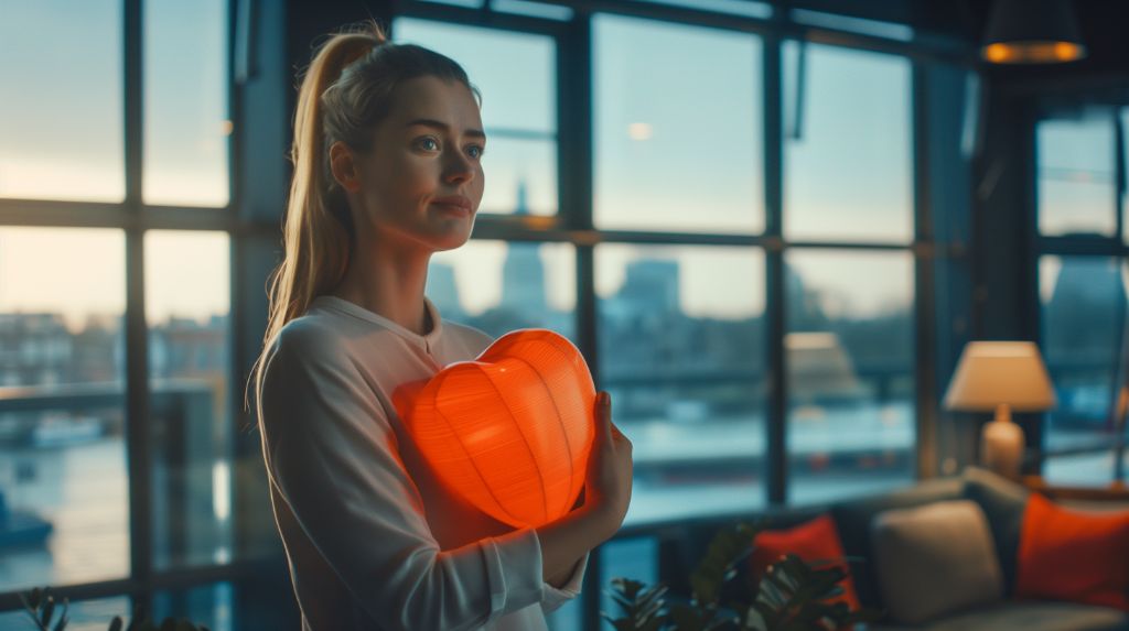Woman holding a glowing heart-shaped object in a modern room at dusk