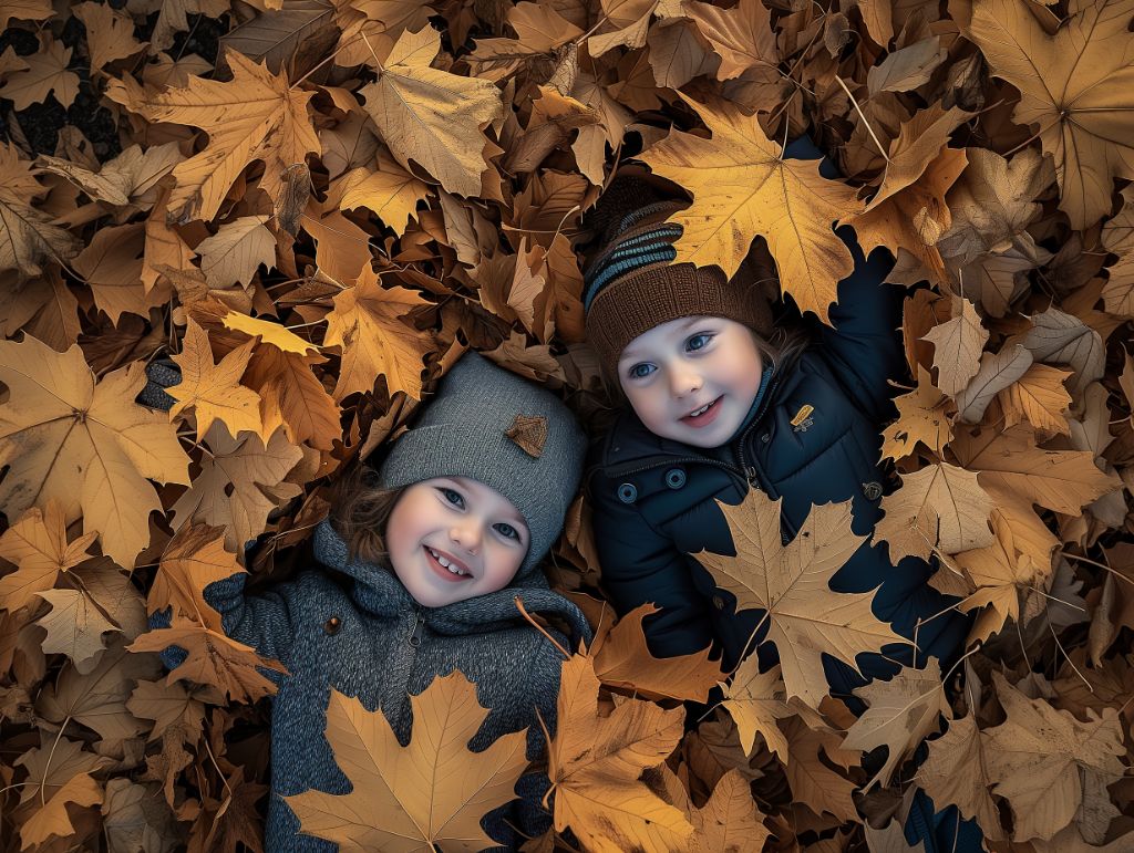 two kids in leaves, top-down view