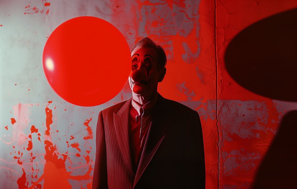 Man with painted face holding a red balloon against a textured backdrop