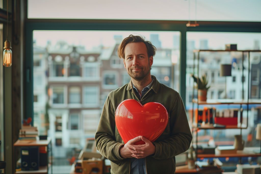 Man holding a red heart-shaped balloon in a room with large windows