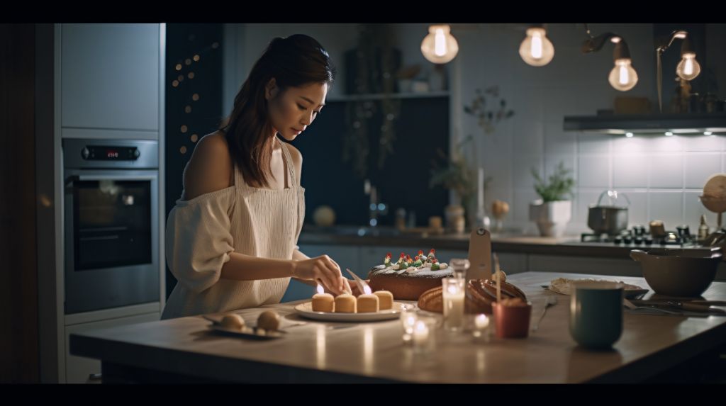 Japanese woman baking cake in a modern kitchen