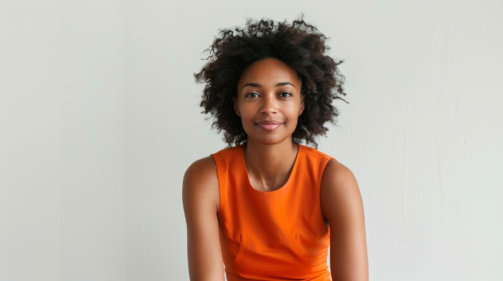 Confident young woman in orange top, smiling gently