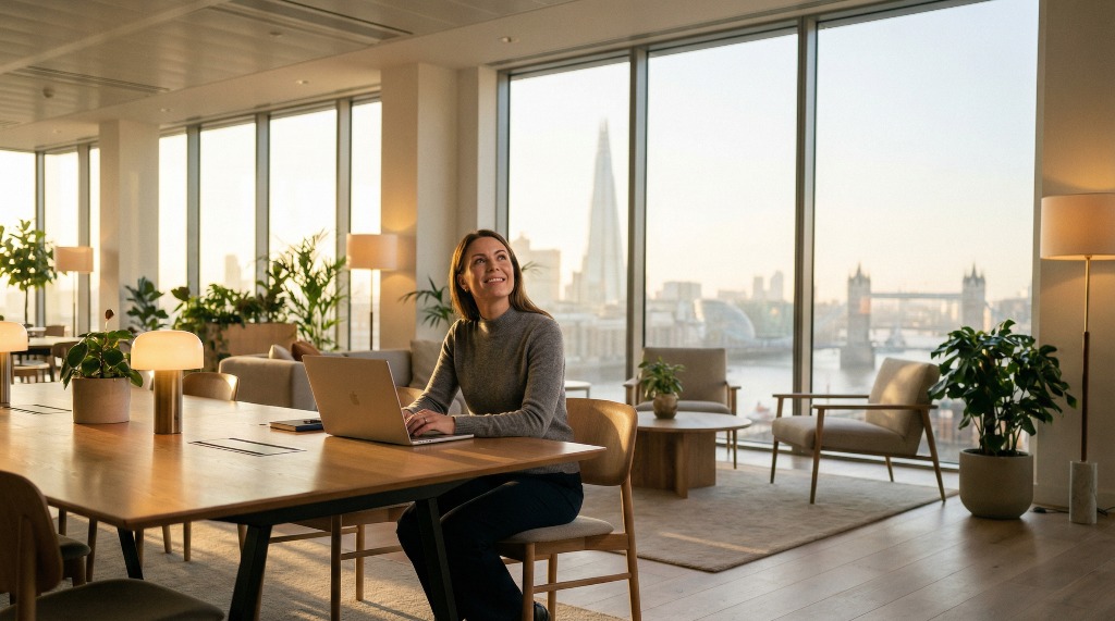 Woman working on a laptop in a modern office with city view.