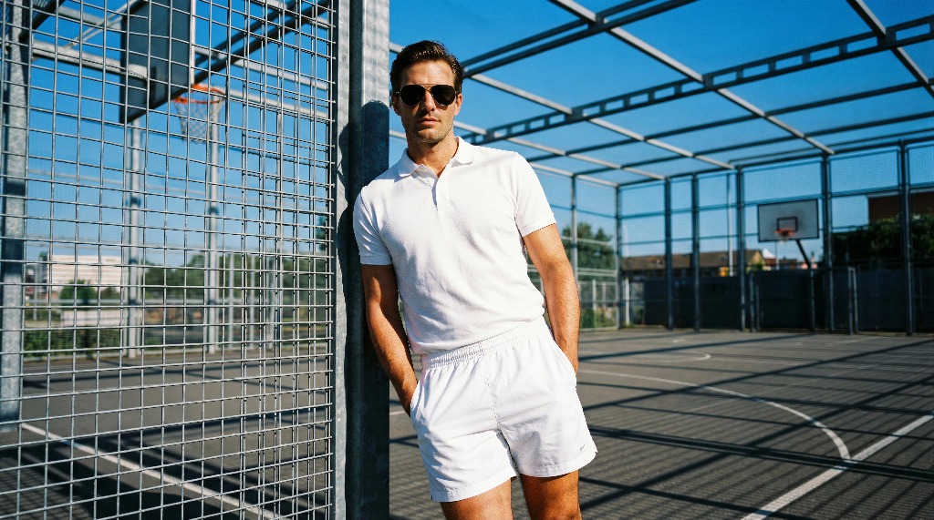 Man in white sportswear leaning on a fence at a basketball court.