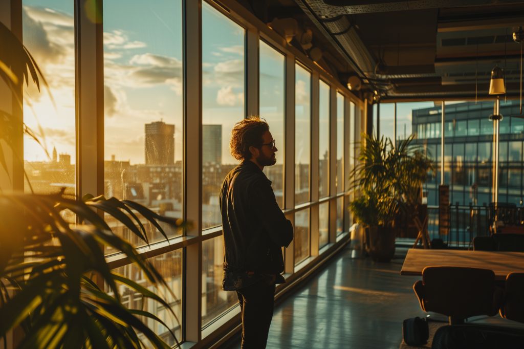 Man gazing out of a window in a sunlit modern office space