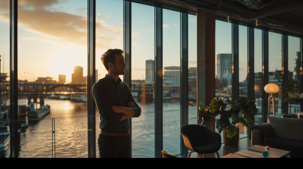 Man contemplating cityscape through office windows at sunset