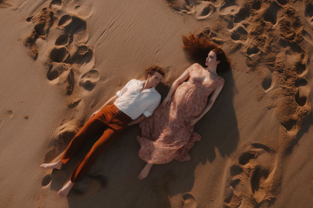 Romantic beach fashion shoot at sunset with lying models