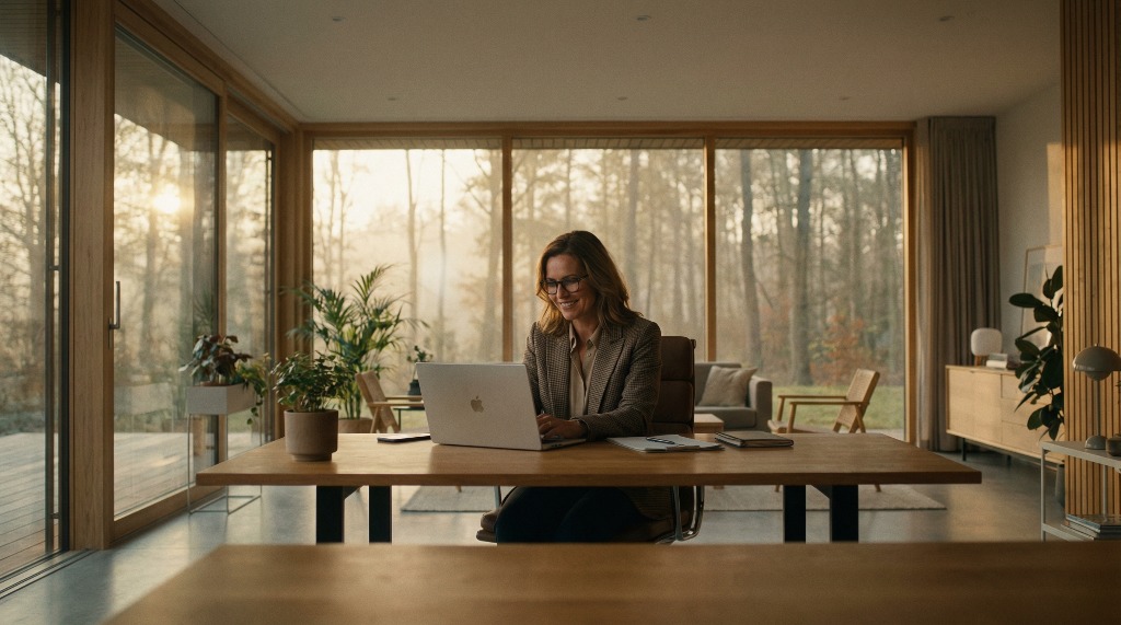 Woman working on a laptop in a sunlit modern home office.
