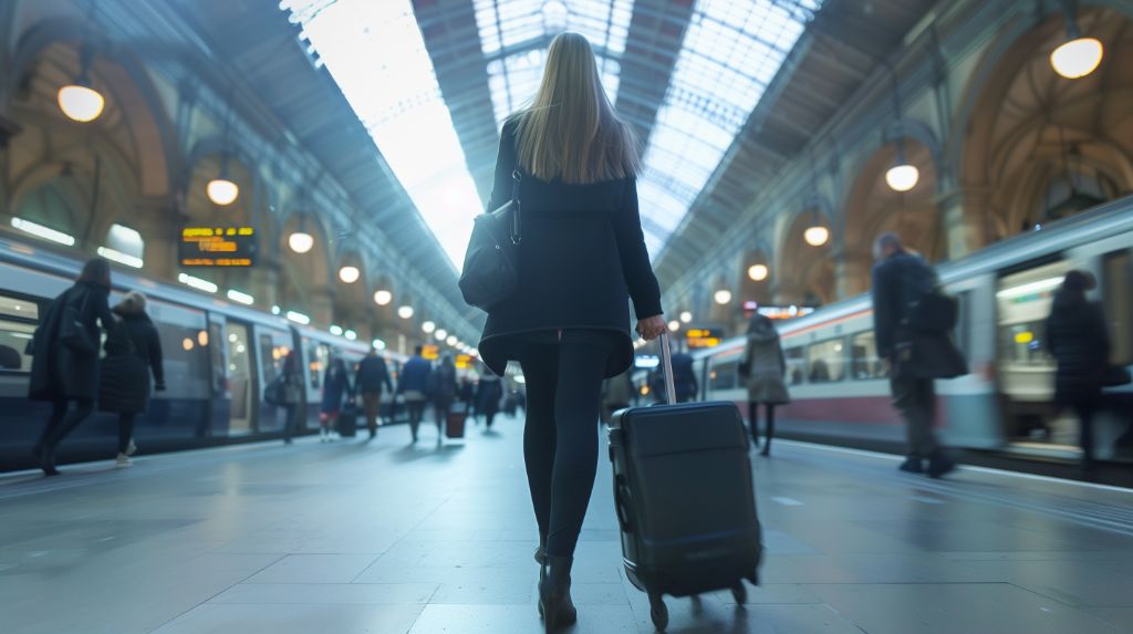 Woman walking in train station with suitcase, bustling atmosphere