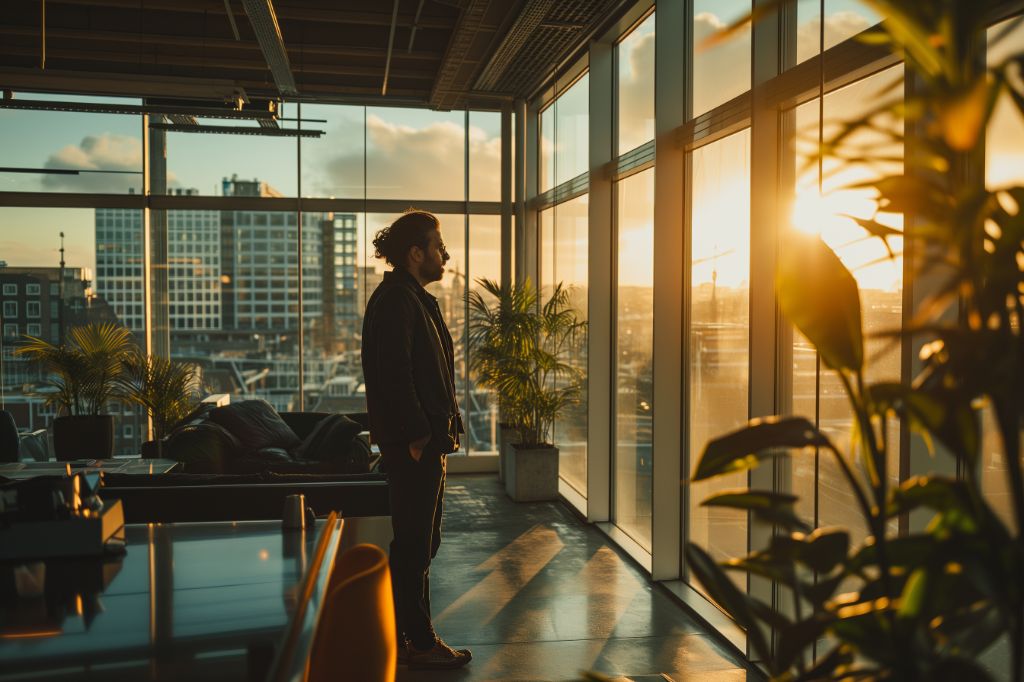 Man gazing out of a window in a sunlit modern office space